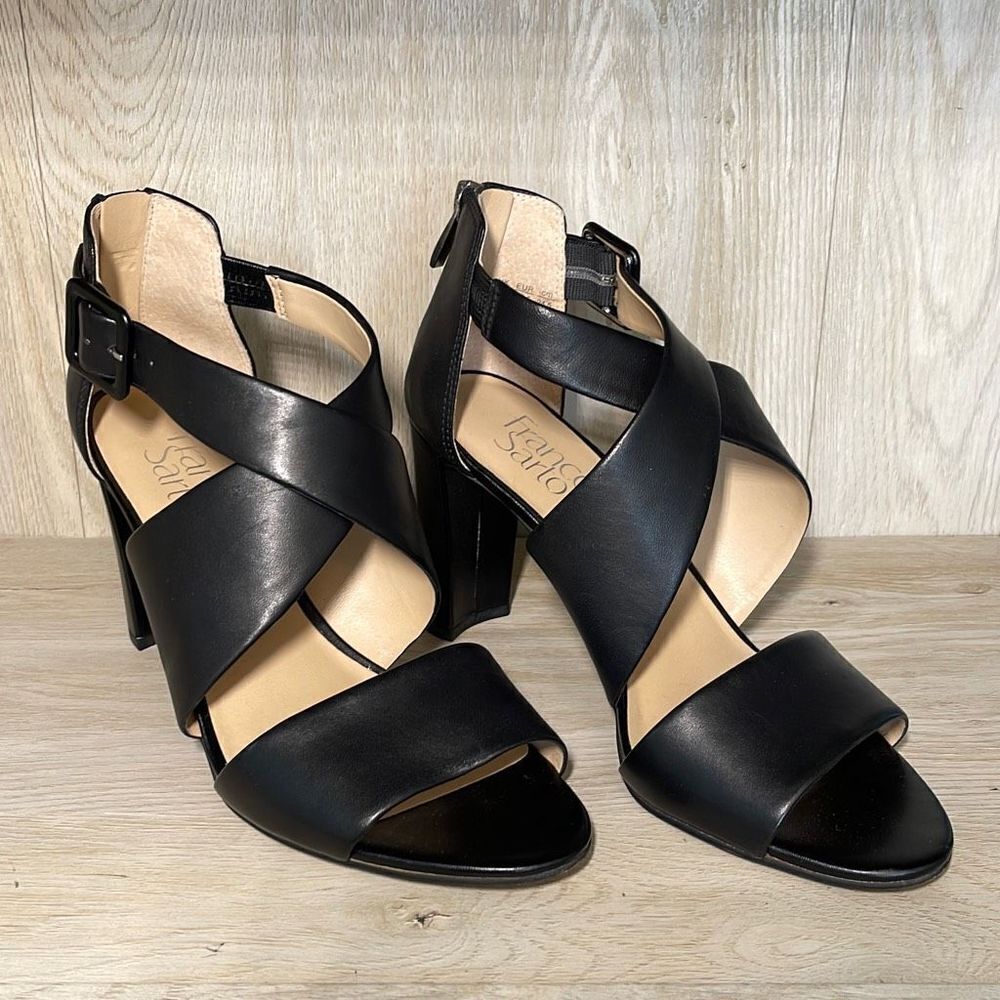 Franco Sarto Women’s Habra Sandal Heel Open Toe Strappy Buckle Size 7.5 M Black